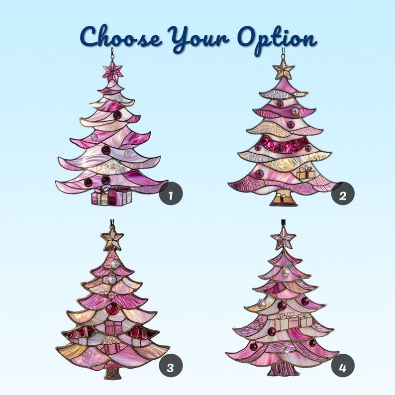 Pink Christmas Tree Acrylic Suncatcher - Faux Acrylic Window Hanging With Ornaments And Gifts Holiday Pastel Decor