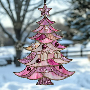 Pink Christmas Tree Acrylic Suncatcher - Faux Acrylic Window Hanging With Ornaments And Gifts Holiday Pastel Decor