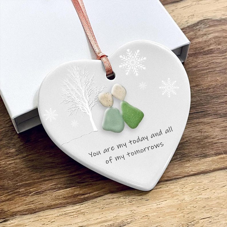 Custom Couple Sea Glass Ceramic Ornament, Timeless Keepsake Heart, Ocean-Inspired Love Gift for Couple, Wedding Anniversary Ornament