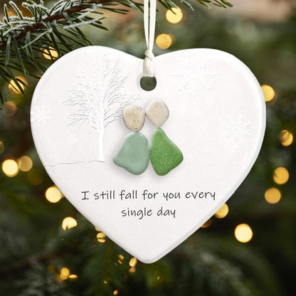 Custom Couple Sea Glass Ceramic Ornament, Timeless Keepsake Heart, Ocean-Inspired Love Gift for Couple, Wedding Anniversary Ornament