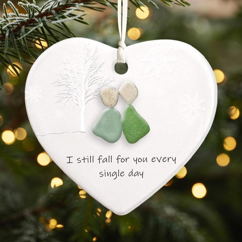 Custom Couple Sea Glass Ceramic Ornament, Timeless Keepsake Heart, Ocean-Inspired Love Gift for Couple, Wedding Anniversary Ornament