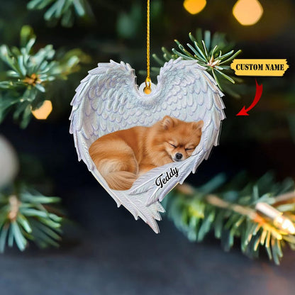 Personalized Pomeranian Dog Sleeping Angel Wings Ornament, Pomeranian Dog Christmas Ornament Gift, Pomeranian Dog Car Ornament