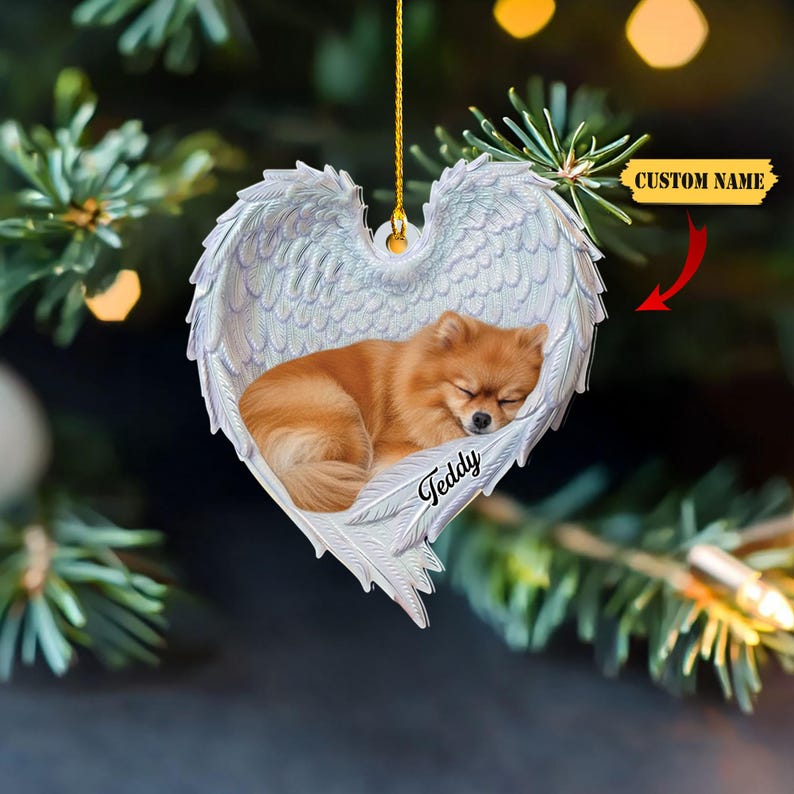 Personalized Pomeranian Dog Sleeping Angel Wings Ornament, Pomeranian Dog Christmas Ornament Gift, Pomeranian Dog Car Ornament