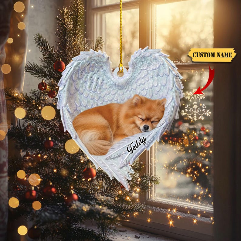Personalized Pomeranian Dog Sleeping Angel Wings Ornament, Pomeranian Dog Christmas Ornament Gift, Pomeranian Dog Car Ornament