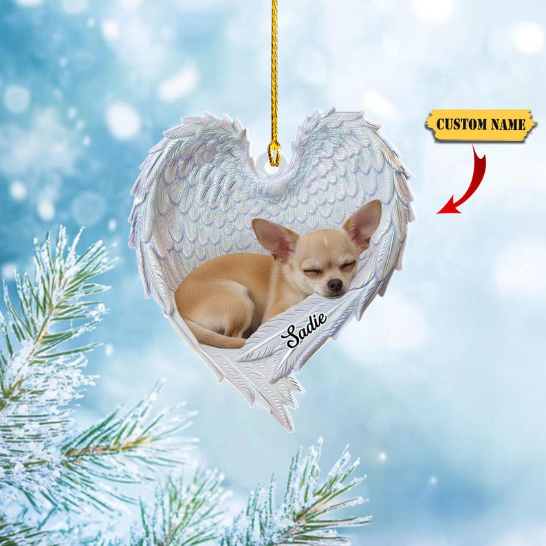 Personalized Chihuahua Dog Sleeping Angel Wings Ornament, Chihuahua Dog Christmas Ornament, Dog Car Ornament Gift For Pet Lover