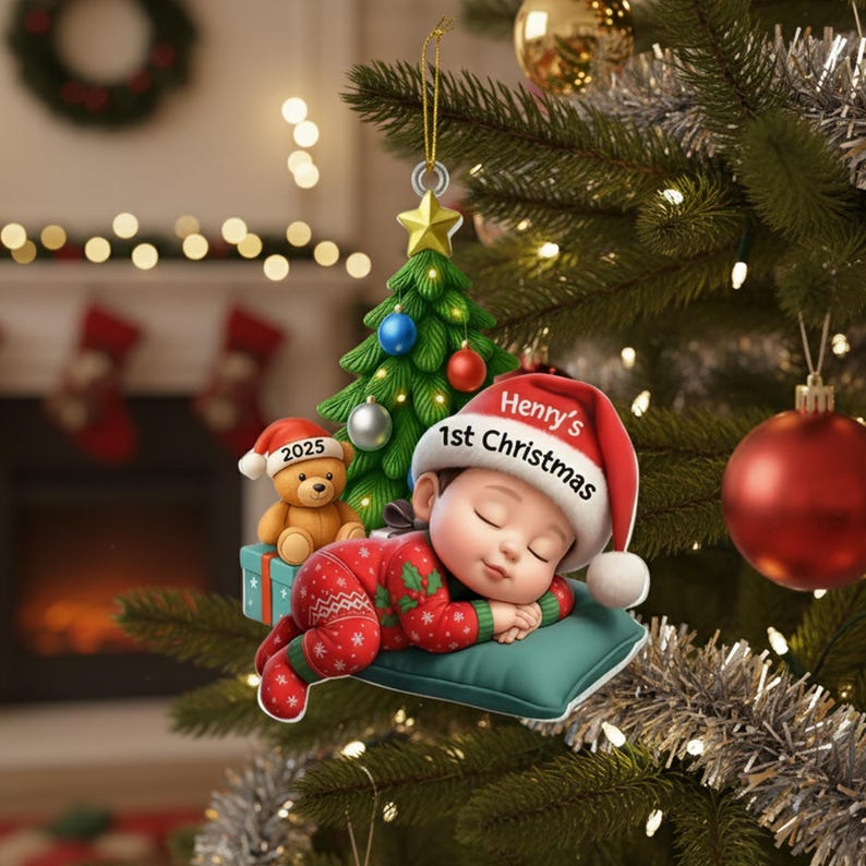 Baby s First Christmas Ornament, Personalized Acrylic Bauble, Sleeping Baby in Xmas Pajamas