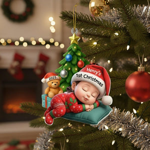 Baby s First Christmas Ornament, Personalized Acrylic Bauble, Sleeping Baby in Xmas Pajamas