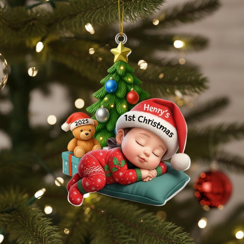 Baby s First Christmas Ornament, Personalized Acrylic Bauble, Sleeping Baby in Xmas Pajamas