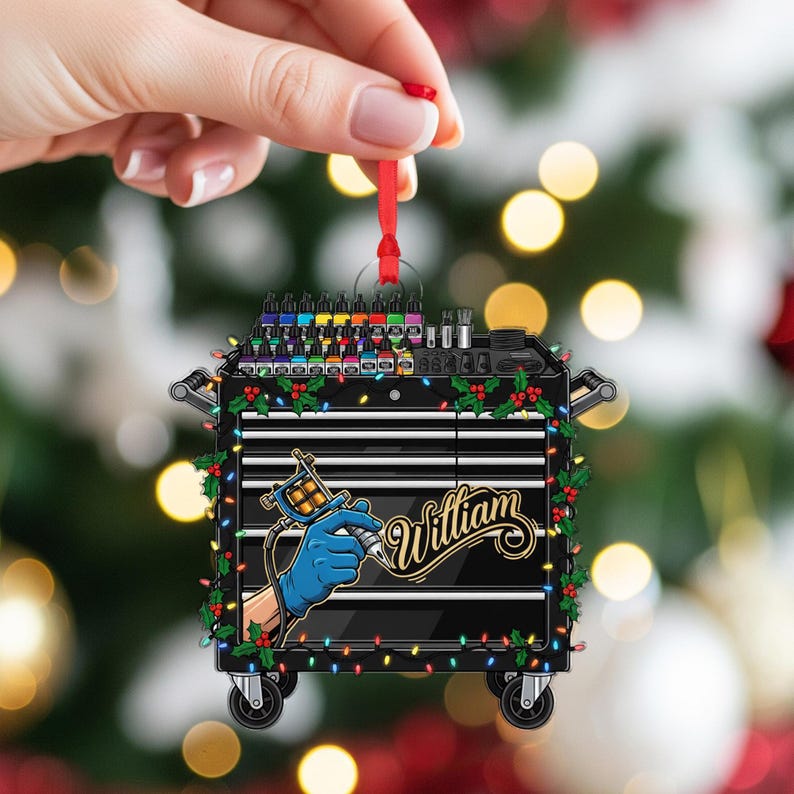 Personalized Christmas Ornament: Tattoo Cart with Machine and Inks, Hanging Decoration
