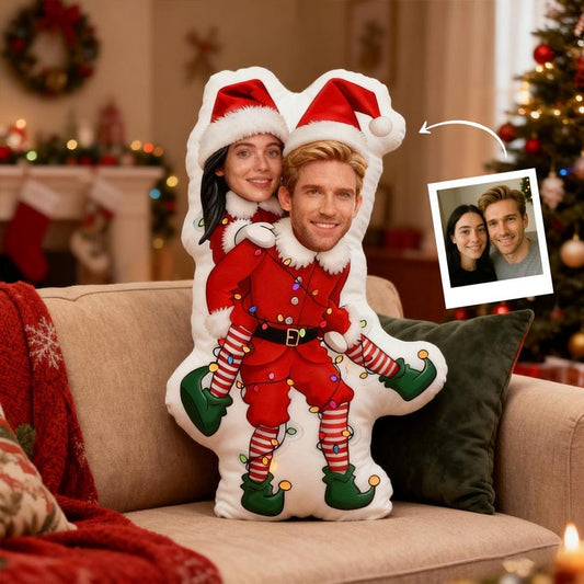 Custom Christmas Couple Pillow, Personalized Face Pillow, Funny Elf Santa Claus Body Cushion, Holiday Gift for Him Her, Xmas Decor