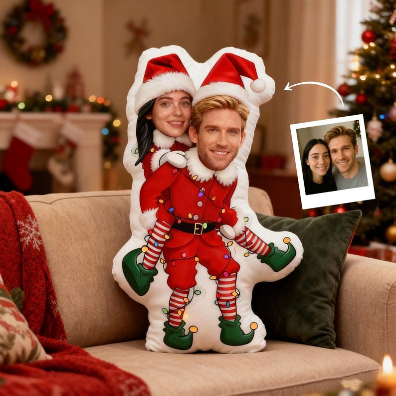 Custom Christmas Couple Pillow, Personalized Face Pillow, Funny Elf Santa Claus Body Cushion, Holiday Gift for Him Her, Xmas Decor