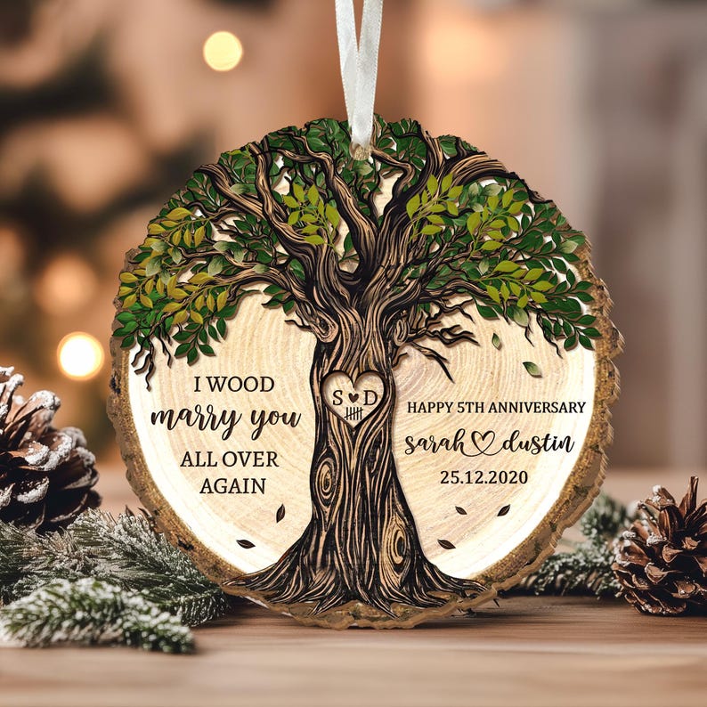 Personalized 5th Anniversary Wooden Ornament: Wood Anniversary Gift For Couples