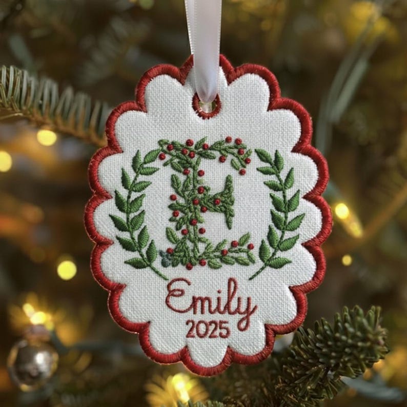 Custom Letters Christmas Initial Scalloped Oval Embroidered Christmas Ornament