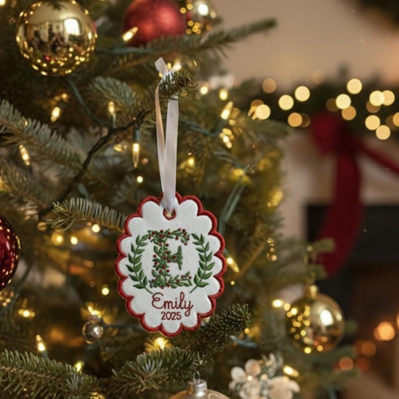 Custom Letters Christmas Initial Scalloped Oval Embroidered Christmas Ornament