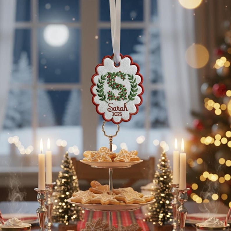 Custom Letters Christmas Initial Scalloped Oval Embroidered Christmas Ornament