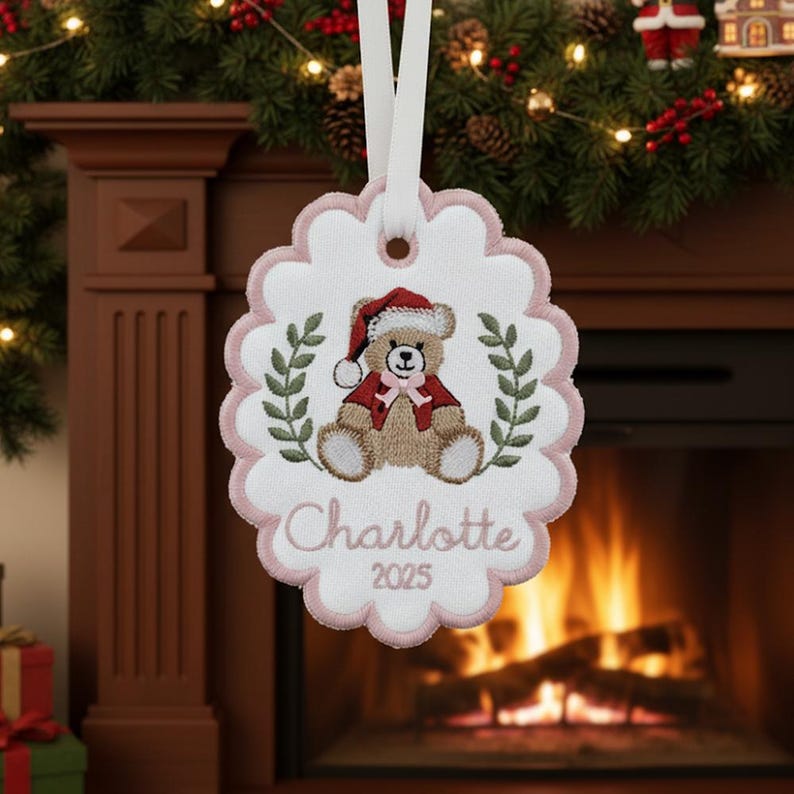 Custom Bears Christmas Baby First Christmas Scalloped Oval Embroidered Christmas Ornament