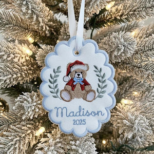 Custom Bears Christmas Baby First Christmas Scalloped Oval Embroidered Christmas Ornament