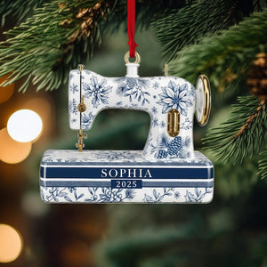 Personalized Sewing Machine Toile De Jouy 2D Flat Ornament, Custom Quilter Christmas Decor, Seamstress Gift, Quilting Decor, Crafting Gift