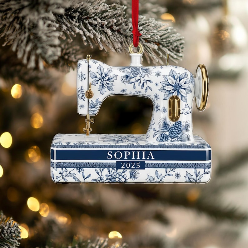Personalized Sewing Machine Toile De Jouy 2D Flat Ornament, Custom Quilter Christmas Decor, Seamstress Gift, Quilting Decor, Crafting Gift