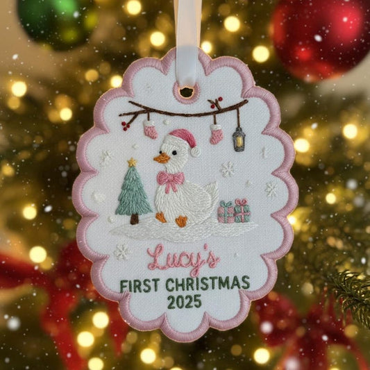 Baby's First Christmas Embroidered Ornament, Unique Gift for New Baby, Custom Christmas Gift Scalloped Oval Embroidered Christmas Ornament