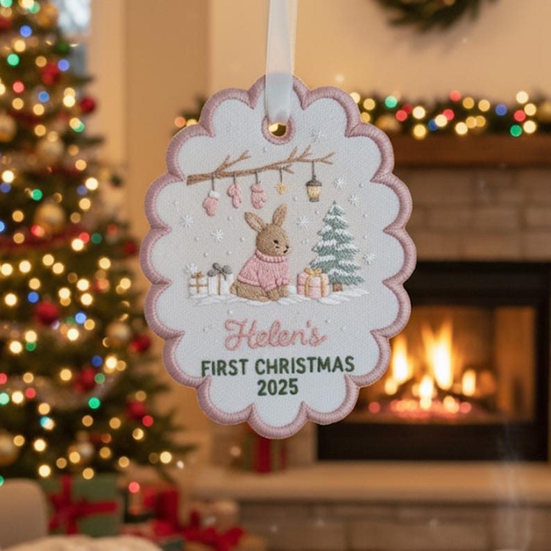 Baby's First Christmas Embroidered Ornament, Unique Gift for New Baby, Custom Christmas Gift Scalloped Oval Embroidered Christmas Ornament
