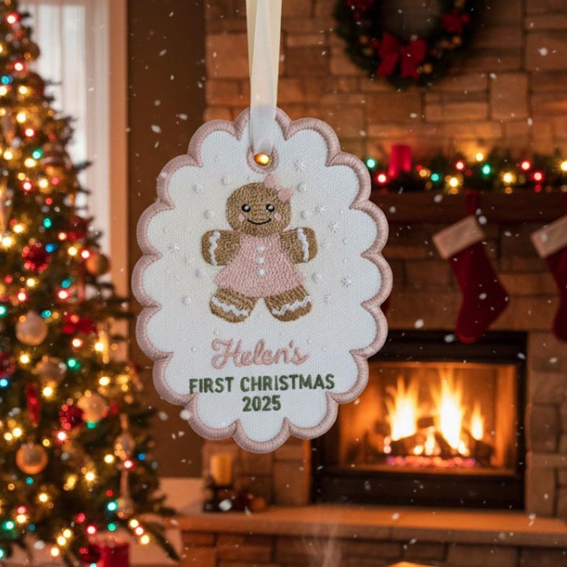 Baby's First Christmas Embroidered Ornament, Unique Gift for New Baby, Custom Christmas Gift Scalloped Oval Embroidered Christmas Ornament