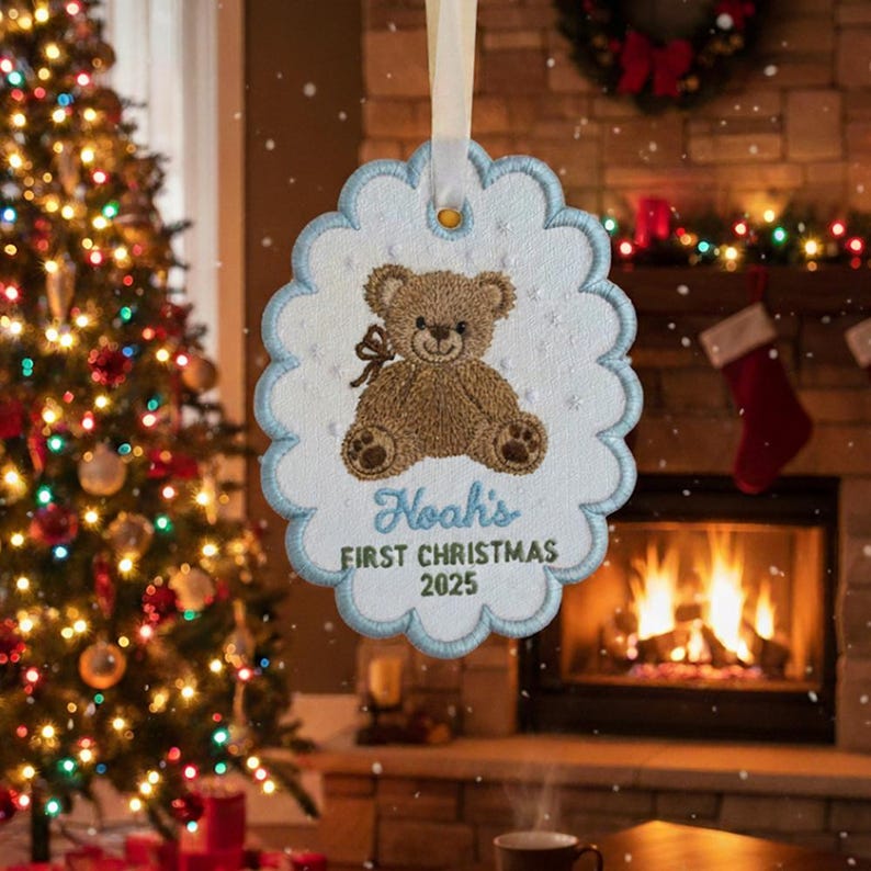 Baby's First Christmas Embroidered Ornament, Unique Gift for New Baby, Custom Christmas Gift Scalloped Oval Embroidered Christmas Ornament
