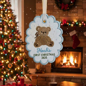 Baby's First Christmas Embroidered Ornament, Unique Gift for New Baby, Custom Christmas Gift Scalloped Oval Embroidered Christmas Ornament