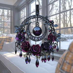 Gothic Moon Rose Acrylic Suncatcher, Dark Floral Faux Acrylic Hanging, Witchy Decor Gift For Her Or Goth Lovers
