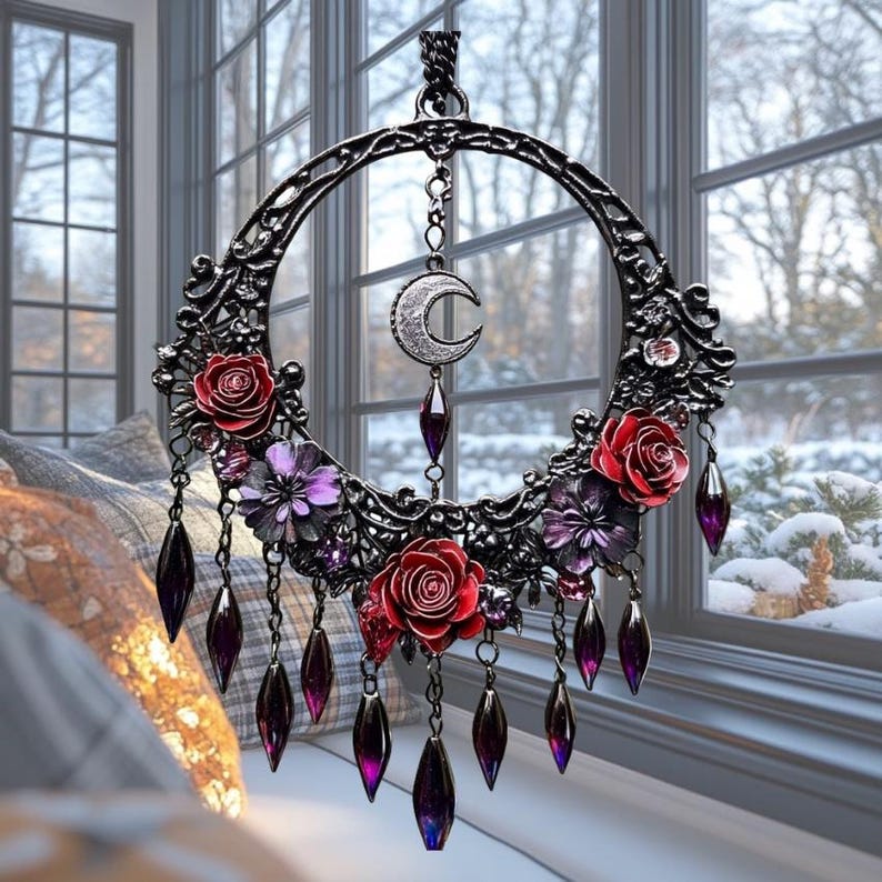 Gothic Moon Rose Acrylic Suncatcher, Dark Floral Faux Acrylic Hanging, Witchy Decor Gift For Her Or Goth Lovers