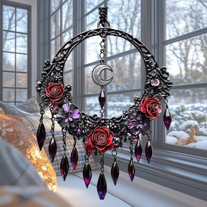 Gothic Moon Rose Acrylic Suncatcher, Dark Floral Faux Acrylic Hanging, Witchy Decor Gift For Her Or Goth Lovers