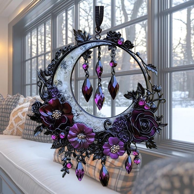 Gothic Moon Rose Acrylic Suncatcher, Dark Floral Faux Acrylic Hanging, Witchy Decor Gift For Her Or Goth Lovers
