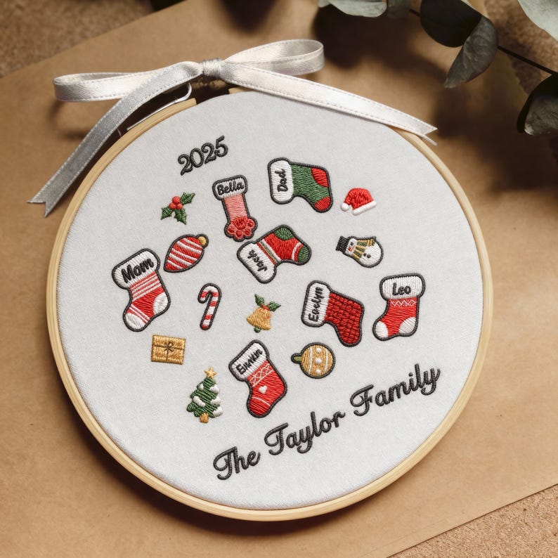 Personalized Family Christmas Ornament, Custom Embroidery Hoop, Holiday Stocking, Gingerbread & Festive Decoration, Gift for Families 2025