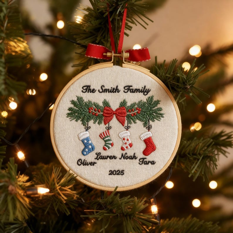 Personalized Family Christmas Ornament, Custom Embroidery Hoop, Holiday Stocking, Gingerbread & Festive Decoration, Gift for Families 2025