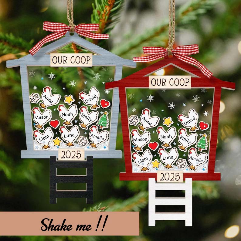 Personalized Chicken Coop 4D Shaker Ornament 2025 Custom Family Name Christmas Ornament, Funny Farmhouse Gift for Chicken Lovers