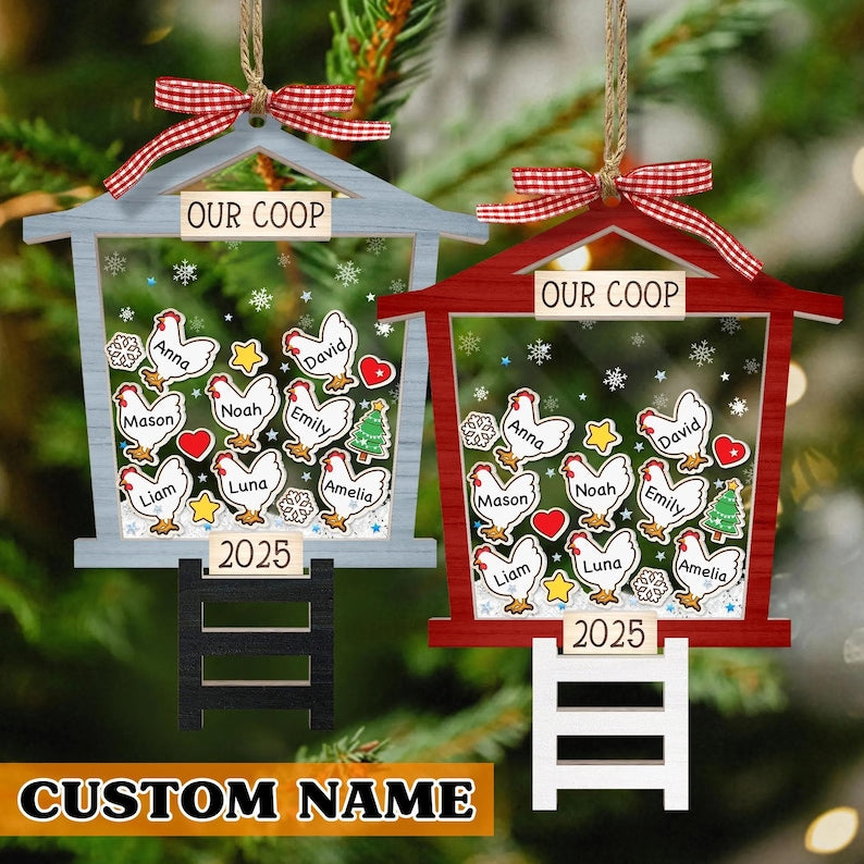 Personalized Chicken Coop Ornament 2025 Custom Family Name Christmas Ornament, Funny Farmhouse Gift for Chicken Lovers