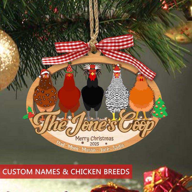 Custom 2 Layered Wooden Family Chicken Coop Ornament: Family Members Name