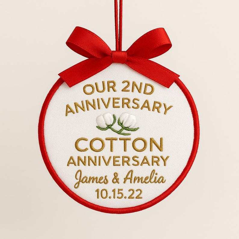 Personalized 2nd Anniversary Ornament: Embroidered Cotton Wedding Gift
