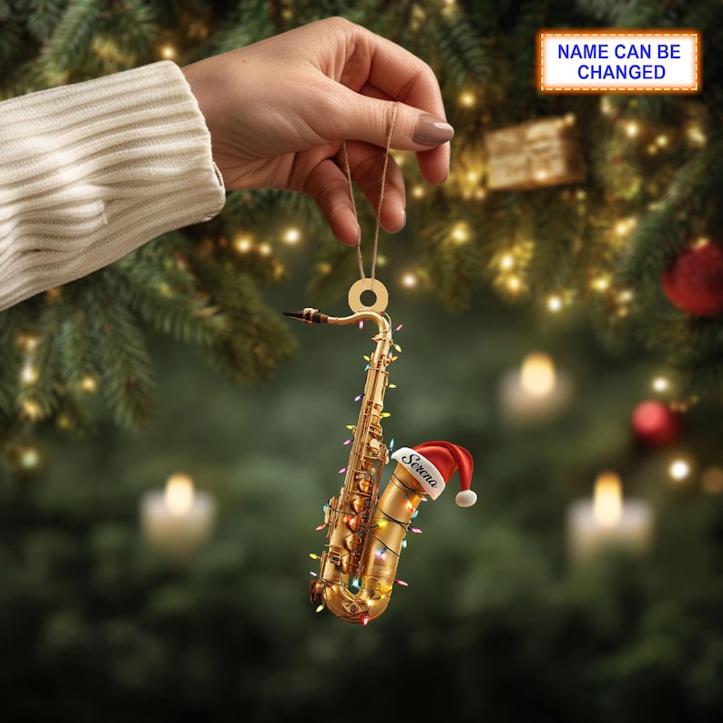 Musical Saxophone acrylic 2D flat Christmas ornament, festive tree hanging acrylic holiday decoration, unique saxophone musical holiday gift