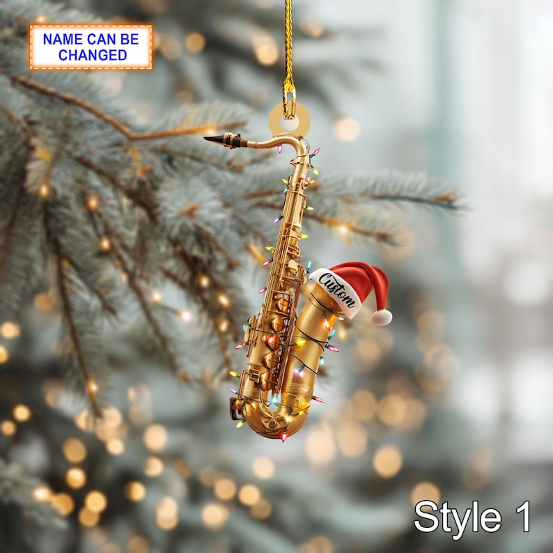 Musical Saxophone acrylic 2D flat Christmas ornament, festive tree hanging acrylic holiday decoration, unique saxophone musical holiday gift