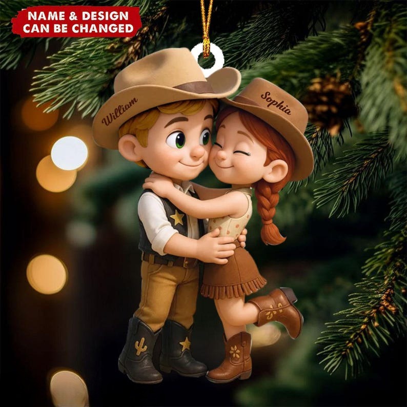 Custom Cartoon Countryside Couple Ornament, Personalized Acrylic Christmas Ornament with Cowboy and Cowgirl, Cute Western Love Keepsake Gift