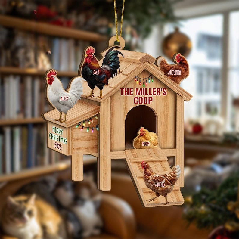 Custom 2 Layered Wooden Family Chicken Coop Ornament, Family Members Name Ornament, Chicken Coop Ornament With Name,Personalized Family Gift