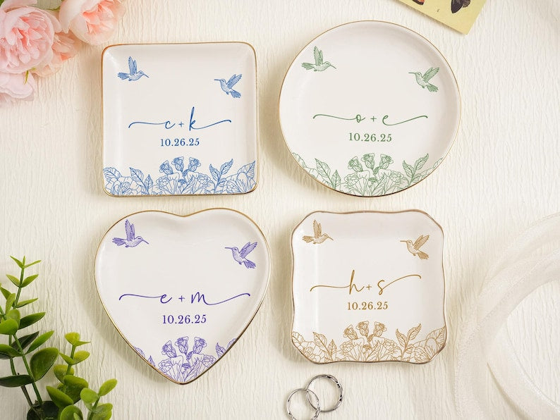 Custom Locked Engagement Ring Dish,Wedding Ring Dish,Ring Dish,Gifts for Her, Engagement Ring Tray,Initials Toile De Jouy Date Ring Dish