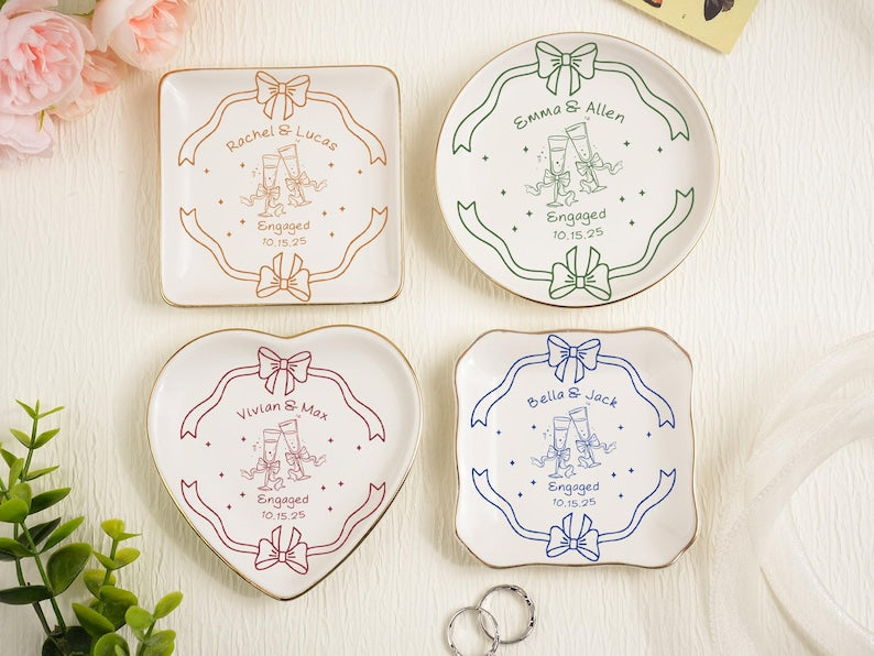 Custom Locked Engagement Ring Dish,Wedding Ring Dish,Ring Dish,Gifts for Her, Engagement Ring Tray,Initials Toile De Jouy Date Ring Dish