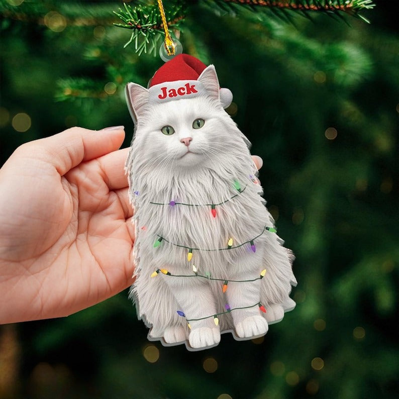 Personalized Fluffy White Cat Christmas Ornament, Custom Pet's Name with Santa Hat Ornament, Unique Long Hair Cat Lover Gift, Xmas Decor