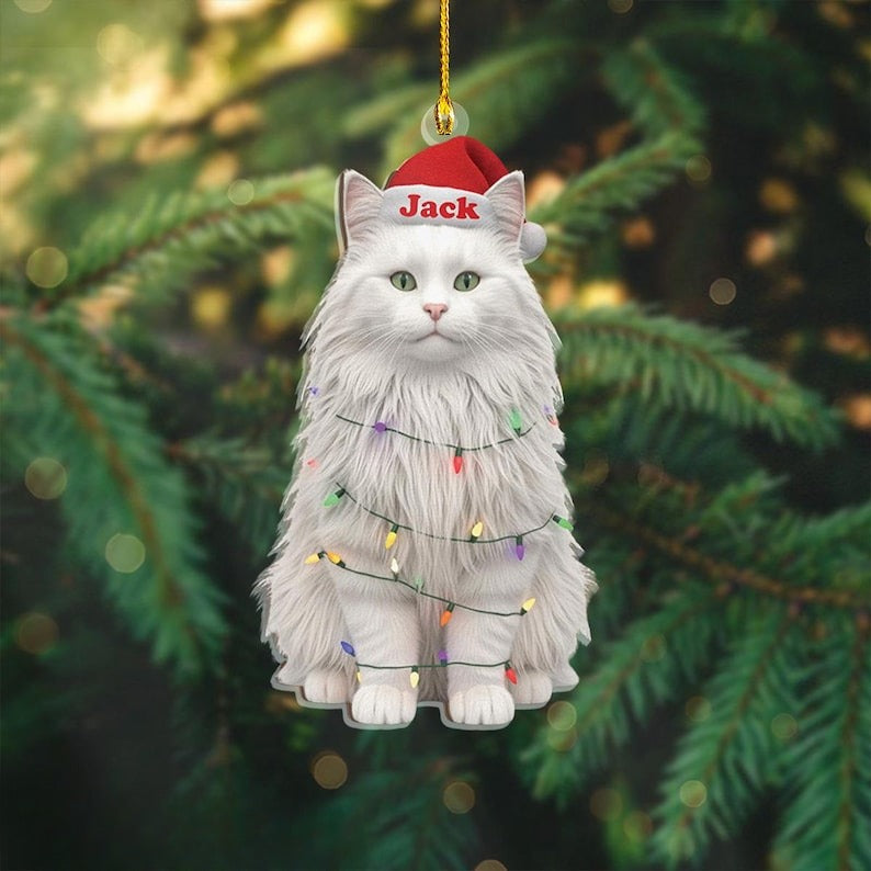 Personalized Fluffy White Cat Christmas Ornament, Custom Pet's Name with Santa Hat Ornament, Unique Long Hair Cat Lover Gift, Xmas Decor