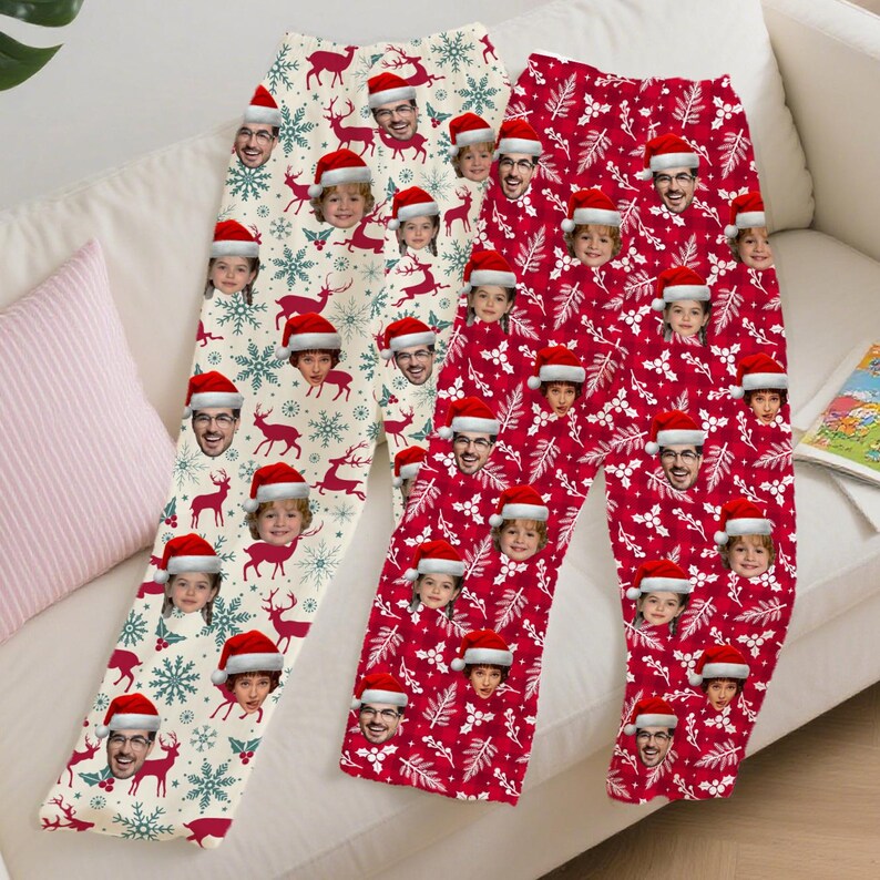 Custom Face Christmas Pajama Pants, Personalized Family Gift Custom Pet Face Photo Couple Pajama Pants,Birthday Gift Family Christmas Matching Outfit