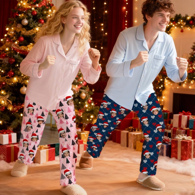 Custom Face Christmas Pajama Pants, Personalized Family Gift Custom Pet Face Photo Couple Pajama Pants,Birthday Gift Family Christmas Matching Outfit