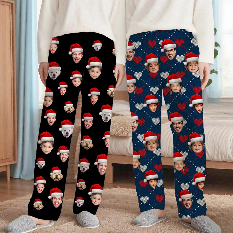 Custom Face Christmas Pajama Pants, Personalized Family Gift Custom Pet Face Photo Couple Pajama Pants,Birthday Gift Family Christmas Matching Outfit