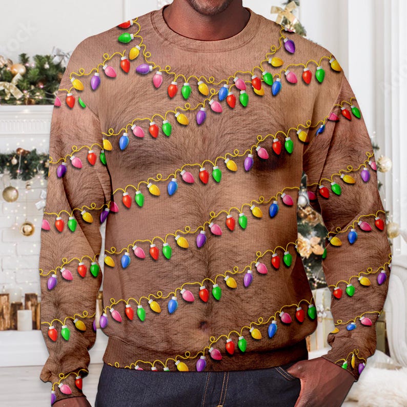 Funny Hairy Chest Christmas Sweater: Men's Ugly Holiday Party Outfit